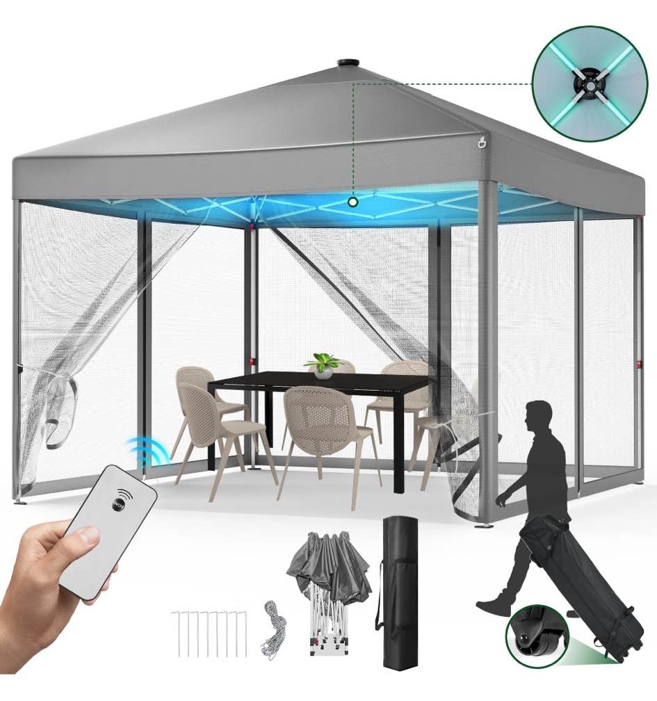 Vecukty 10x10ft Pop Up Canopy Tent with Removable Mesh Mosquito Sidewalls, Remote-Controlled 8-Color LED Lights ,Instant Outdoor Shelter Gazebo Tent,Gray