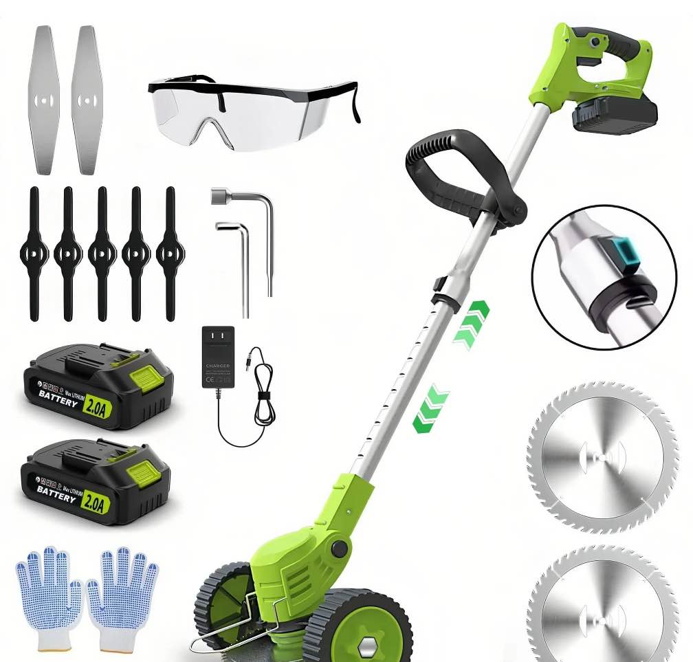Teblint Electric Weed Wacker, Cordless String Trimmer, Weed Eater Grass Trimmer/Edger/Cutter with Wheels, 2Pcs 21V Batteries, 3 Types of Blades, Adjustable Length for Lawn Yard Garden (Green)