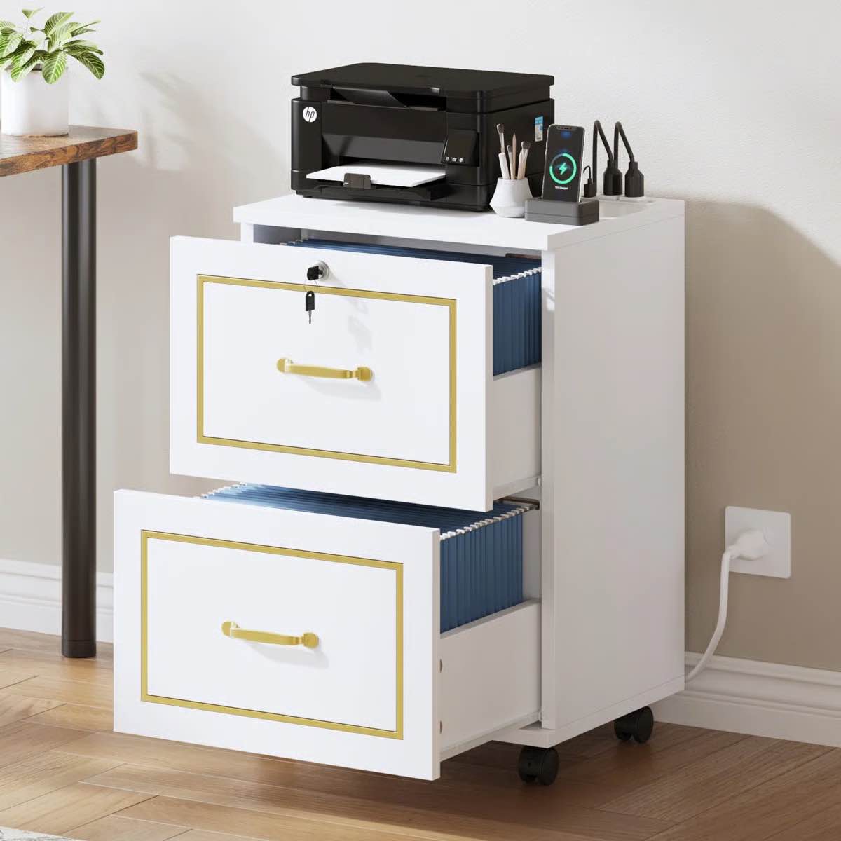 Inbox Zero 19'' Wide 2 -Drawer Mobile File Cabinet With Charging Station, Filing Cabinet With Lock & Wheels