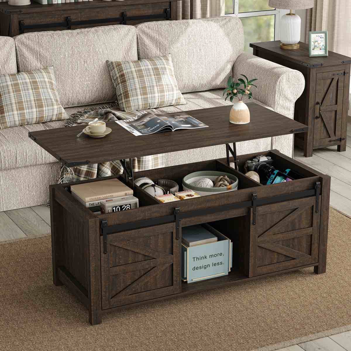 Jaquavion Coffee Table, Farmhouse Lift Top Coffee Table with Hidden Storage and Sliding Barn Door for Living Room, Rustic Brown 