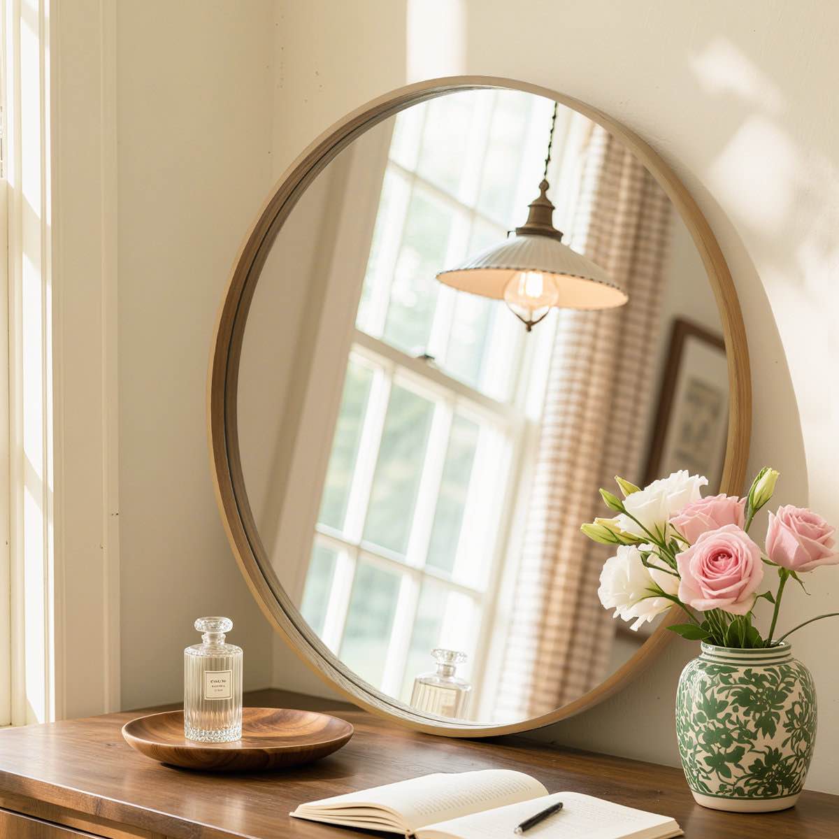 Wood Round Wall Mirror for Bathroom Bedroom Vanity Home Decoration