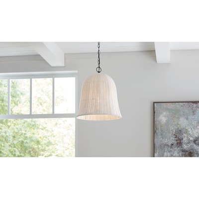 allen + roth Elizabeth 1 -Light Black Canopy With White Rattan Shade Modern/contemporary Bell Medium Hanging Pendant light