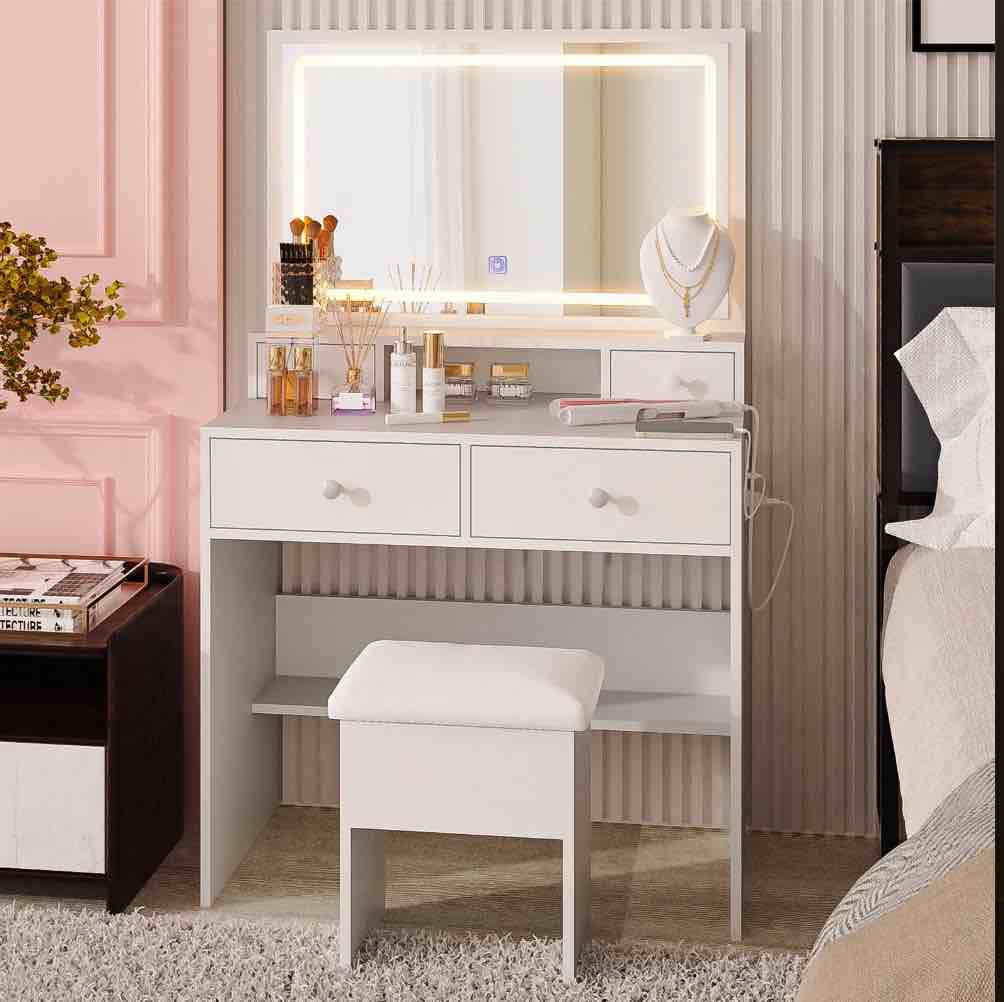 VIRNAZ Vanity Set with Large Lighted Mirror & Power Outlet, Makeup Vanity Table Desk Chair Set for Bedroom, White