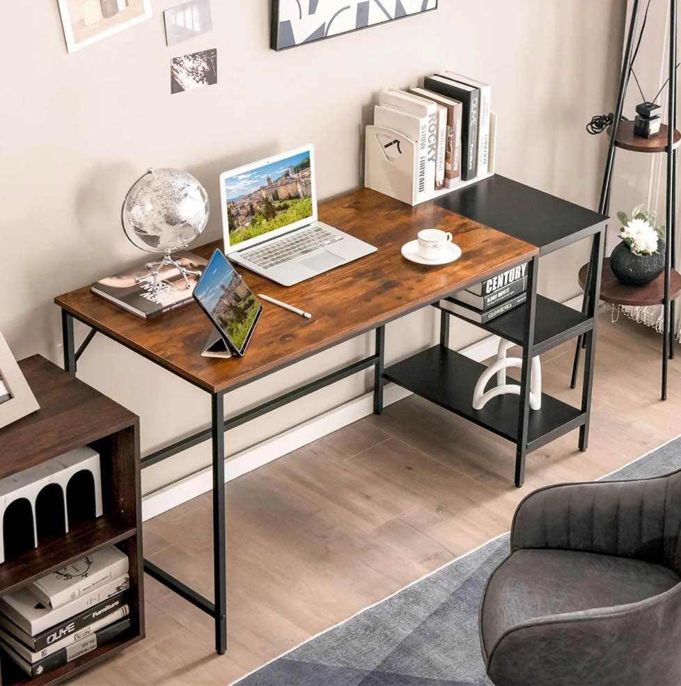 HEFPTURE,  Computer Desk with Storage Shelves – Home Office Desk with Rustic Wood Top, Metal Frame, 3-Tier Shelves & Cable Management for Study & Work