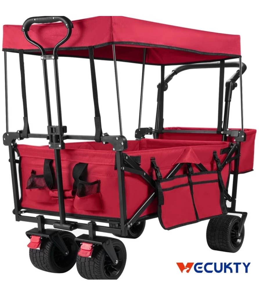 VECUKTY Collapsible Garden Wagon Cart with Removable Canopy Red
