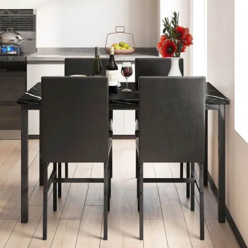 Rectangle Dining Table Set for 4 , 5 Pieces Dining Set, Black Dine Table and 4 Velvet Leather Chairs, Compact Kitchen Table Set for Home, Breakfast Nook, Cafeteria Dining Room,