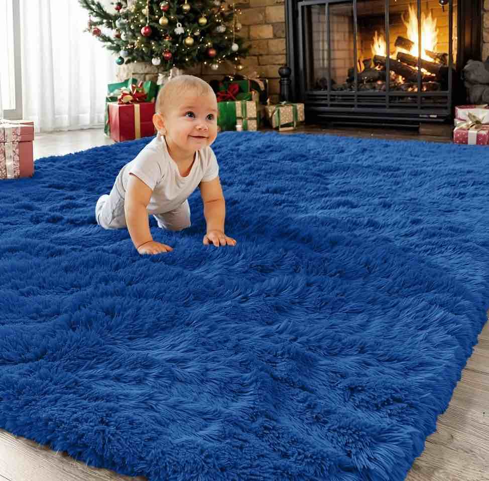 Sanmadrola Area Rug for Bedroom,8'x10' Fluffy Shag Rug for Living Room,Furry Carpet for Kids Room,Shaggy Throw Rug for Nursery Fuzzy Plush Rug,Navy Blue Carpet,Rectangle,Cute Room Decor for Baby