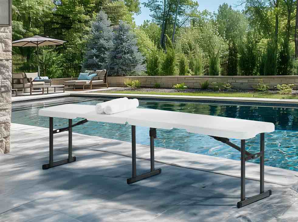 Mainstays 6 Foot Fold-in-Half Bench, Steel Frame, Indoor Outdoor, Includes Carry Handle, White