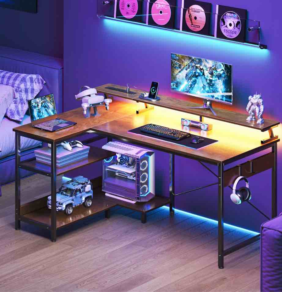 48 inch reversible l shaped gaming desk with led lights & power outlet, corner computer desk with storage shelves & cpu stand, home office desk with monitor shelf, modern writing table, vintage