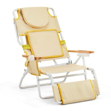 ktaxon premium 3-in-1 outdoor lounge chair – adjustable recliner with face cutout footrest drink holder & carry bag (yellow)