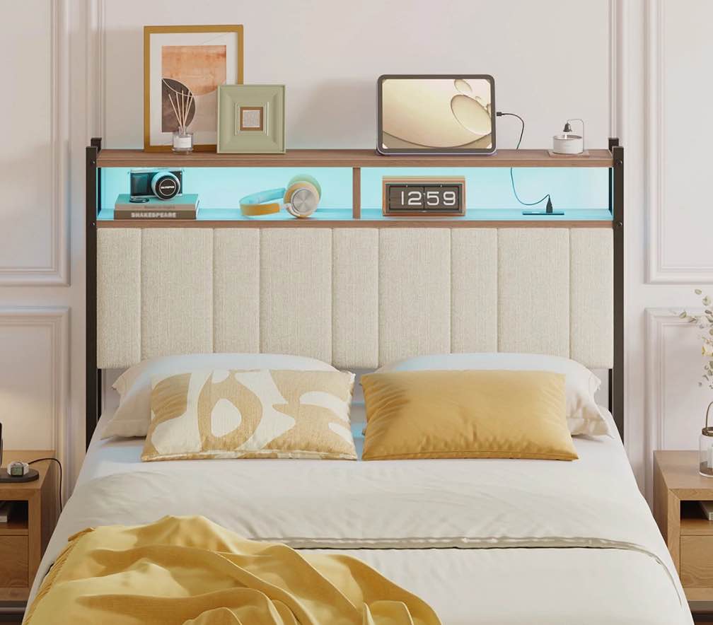 pinmoco upholstered headboard for queen bed with storage, linen head board with led light and charging station, beige, headboard only