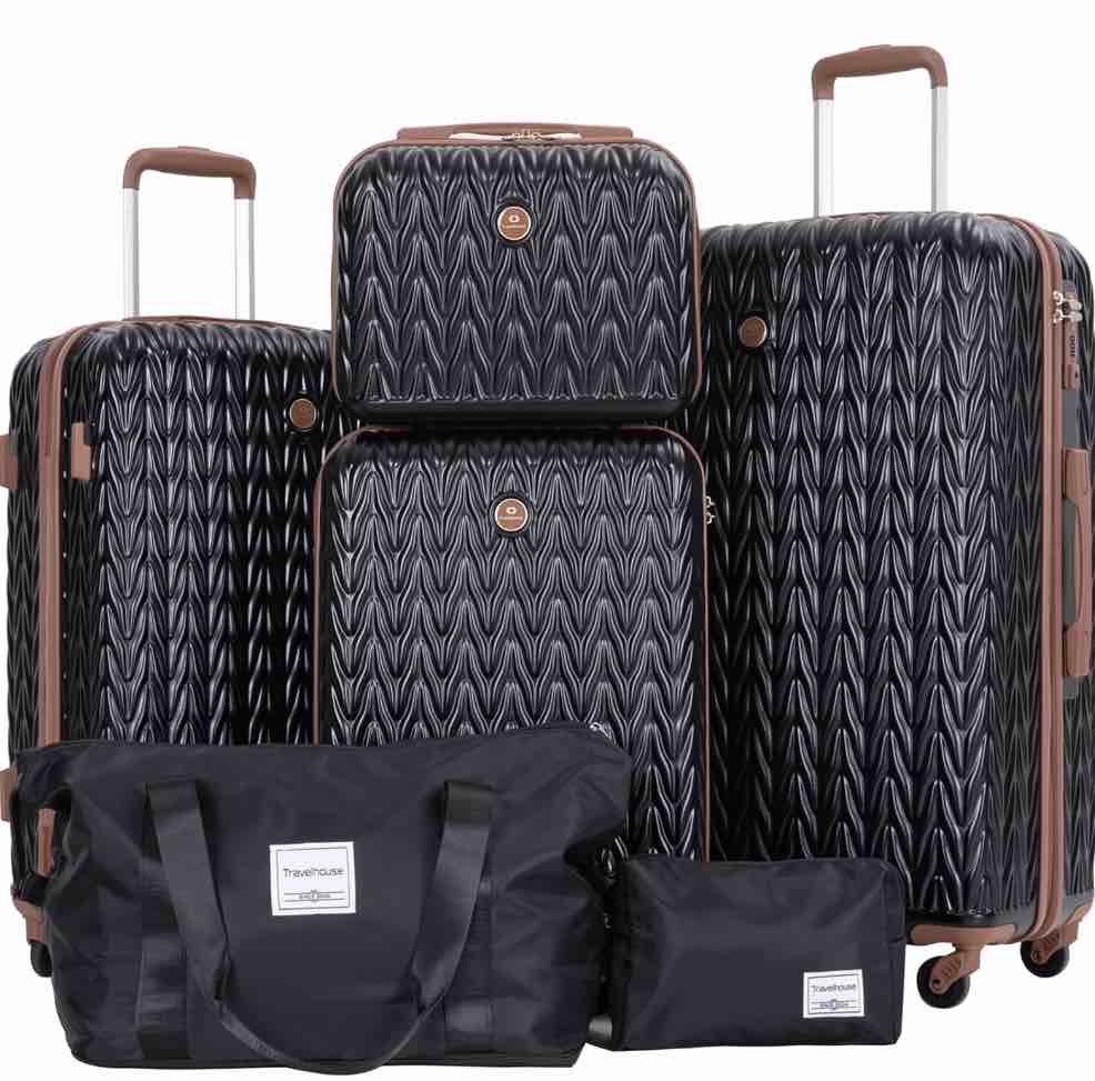 travelhouse luggage set 6 piece hardside suitcase tsa lock spinner wheels 6 pcs hardshell luggage with duffel bag.(black)