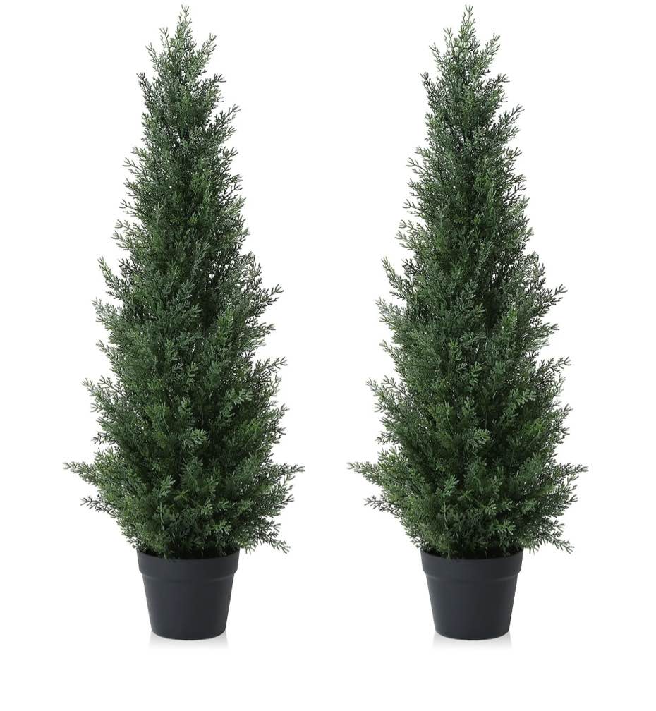 Artificial Cedar Tree 2 Pack 3 ft Outdoor Artificial Topiary Cedar Plants Fake Tree UV Rated Potted Plants for Porch Decor Faux Pine Tree for Perfect Housewarming Gift