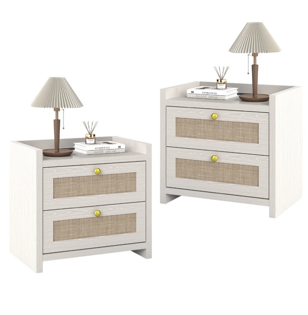 Nightstand Set of 2, Boho Natural Linen Bedside Table End Table with Quiet Soft Close Drawer, Wood Farmhouse Large Night Stands **SEE DETAIL