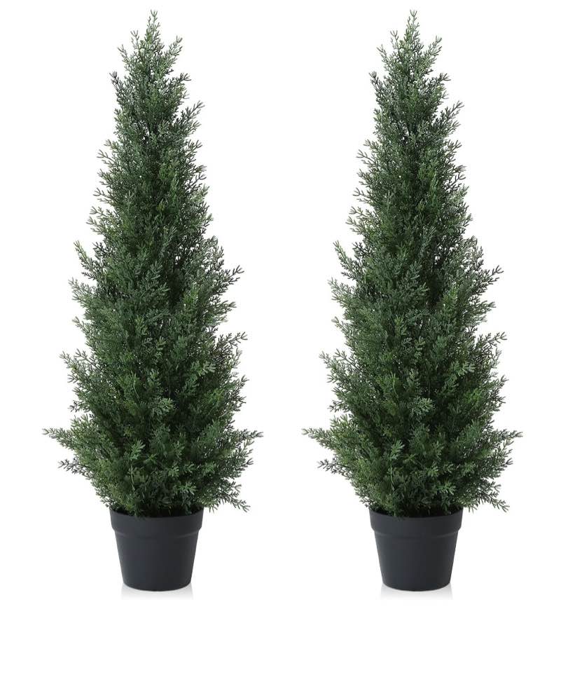 Artificial Cedar Tree 2 Pack 3 ft Outdoor Artificial Topiary Cedar Plants Fake Tree UV Rated Potted Plants for Porch Decor Faux Pine Tree for Perfect Housewarming Gift