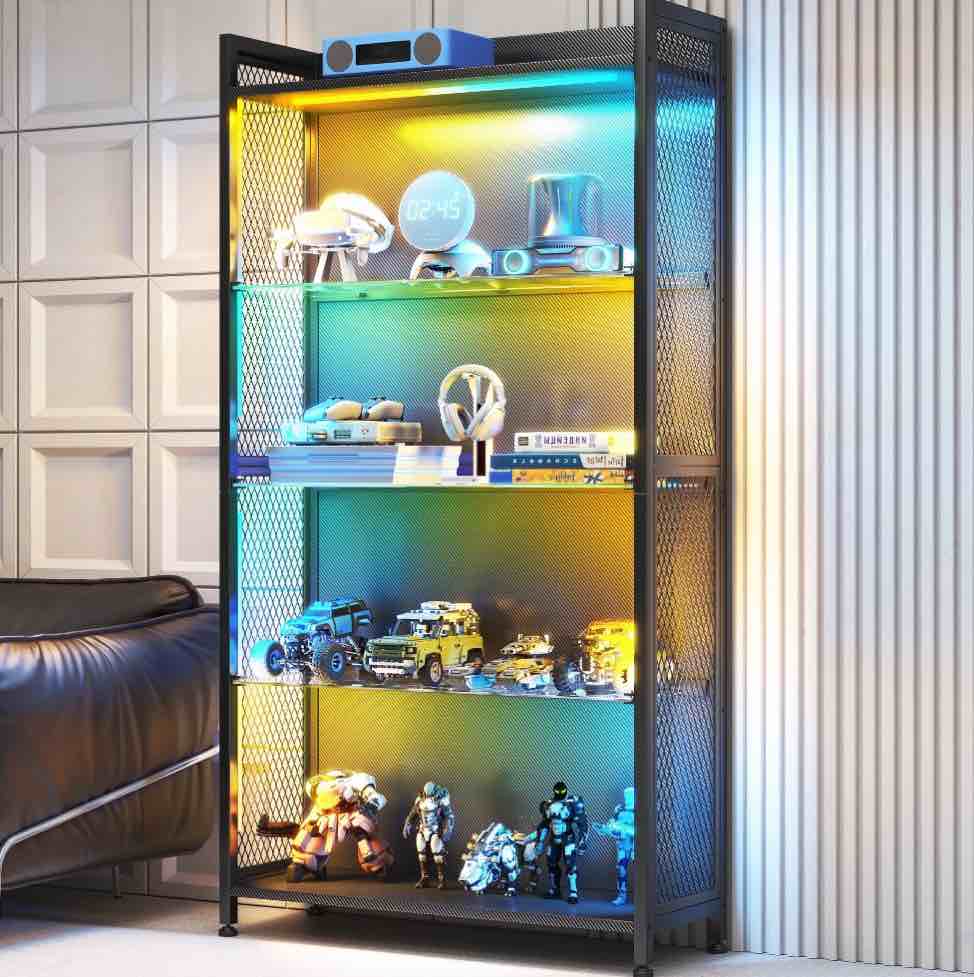 LED Glass Curio Cabinet for Gaming Room, RGB Lighted Display Cabinet with 4+1 Shelves, 5-Strip LED with Controller, Display Case for Figures, Gamepads & Collectibles, Black