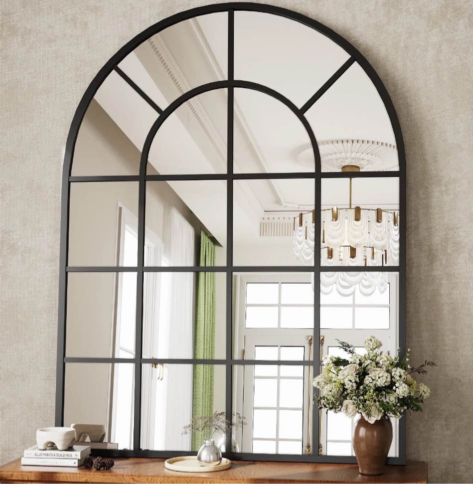 BEAUTYPEAK 40" x 30" Arched Windowpane Mirror Decor Wall Mirror, Black