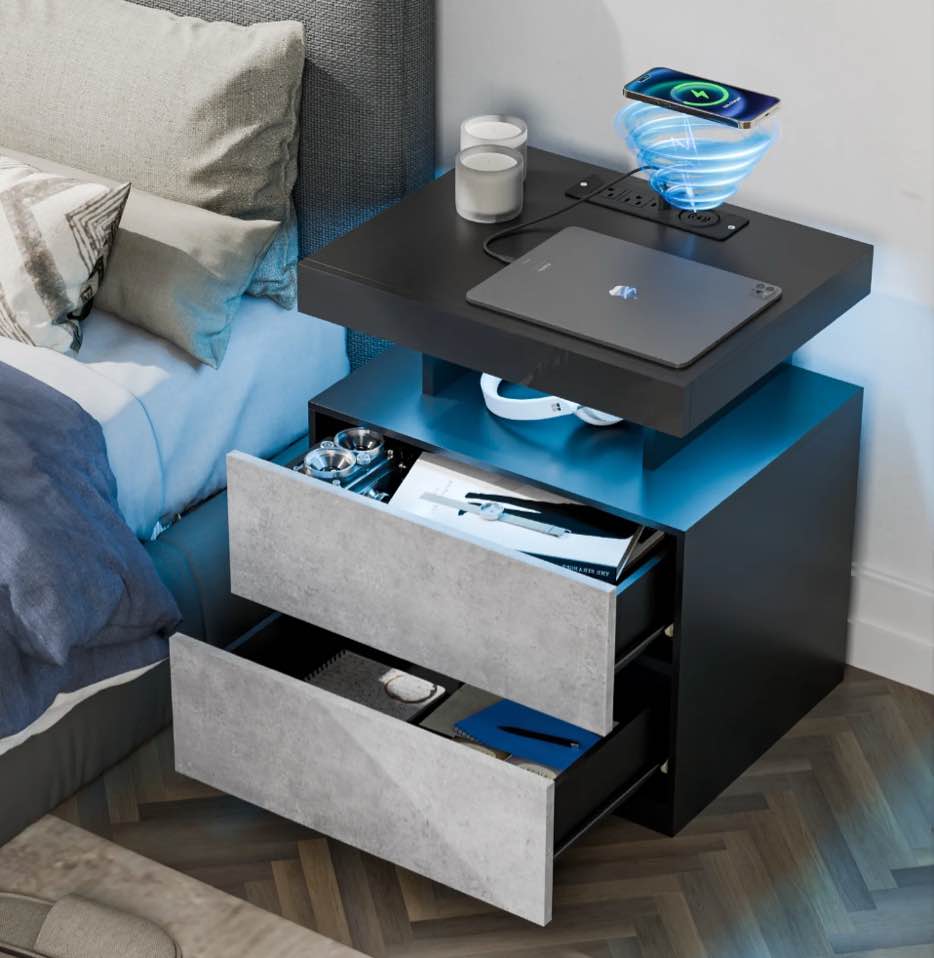 Hommpa LED Nightstand with Wireless Charging Station Modern Nightstand Type C USB Port 2 Drawers Bedside Table Grey Smart Night Table High Gloss End Side Table for Bedroom Furniture 22.3" Tall