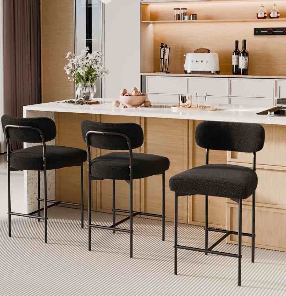 Hommpa Bar Stools Set of 3 with Back & Footrest 26" Counter Height Barstools Boucle Bar Chairs Modern Pub Chairs Black Plush for Kitchen Island Bistro Coffee Shop Mid Back