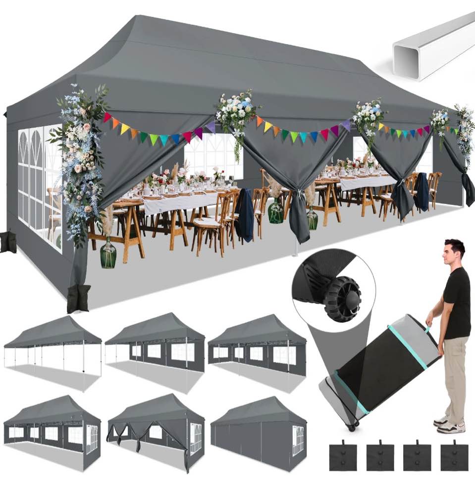 Hoteel 10x30 Pop up Canopy Tent with 8 Removable Sidewalls, Outdoor Canopy Waterproof Commercial Tents for Parties Wedding Patio Ez Outdoor Instant Gazebo with Roller Bag & Sandbags, Gray