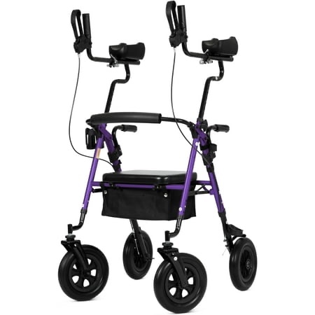 elenker upright rollator walker, all-terrain stand up rolling walker with 10" pu wheels for seniors purple