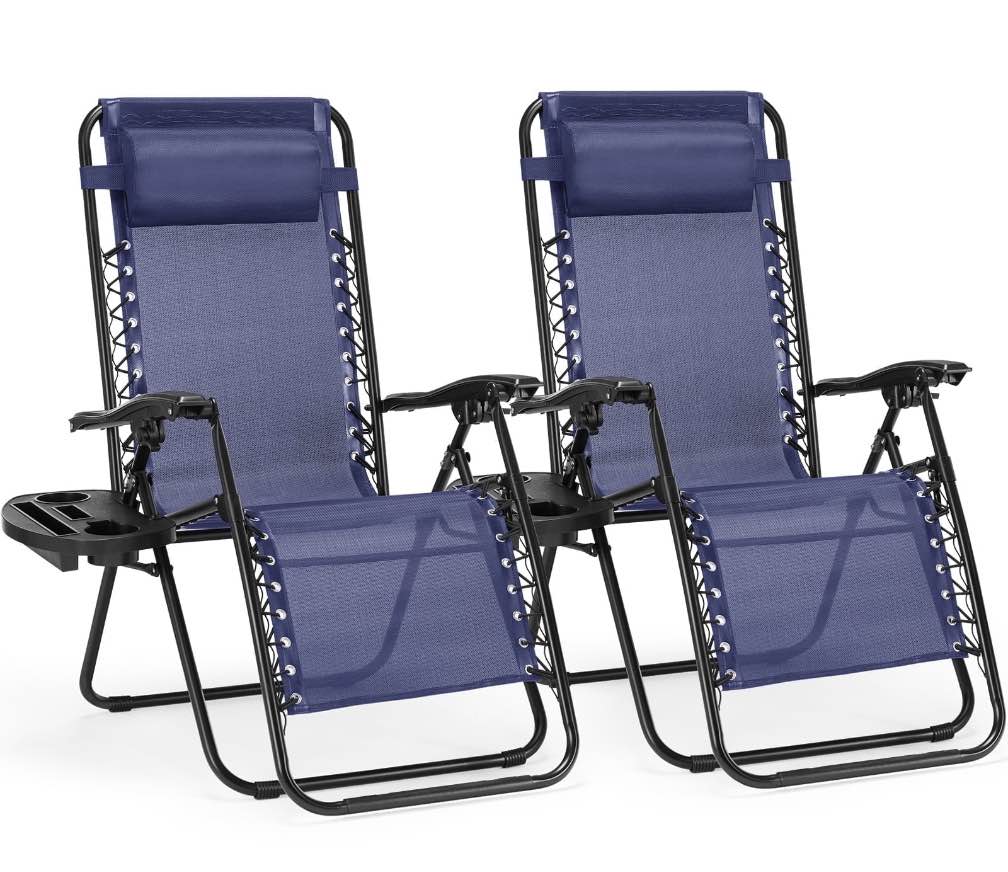concetta 2pcs zero gravity patio recliner, textilene folding lounge with adjustable pillow & cup tray, blue