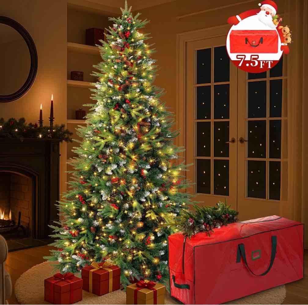 yexmas 7.5ft pre-lit artificial christmas trees,green xmas tree with large christmas tree storage bag,pinecones, berries, realistic artificial christmas trees for home, office, party decoration