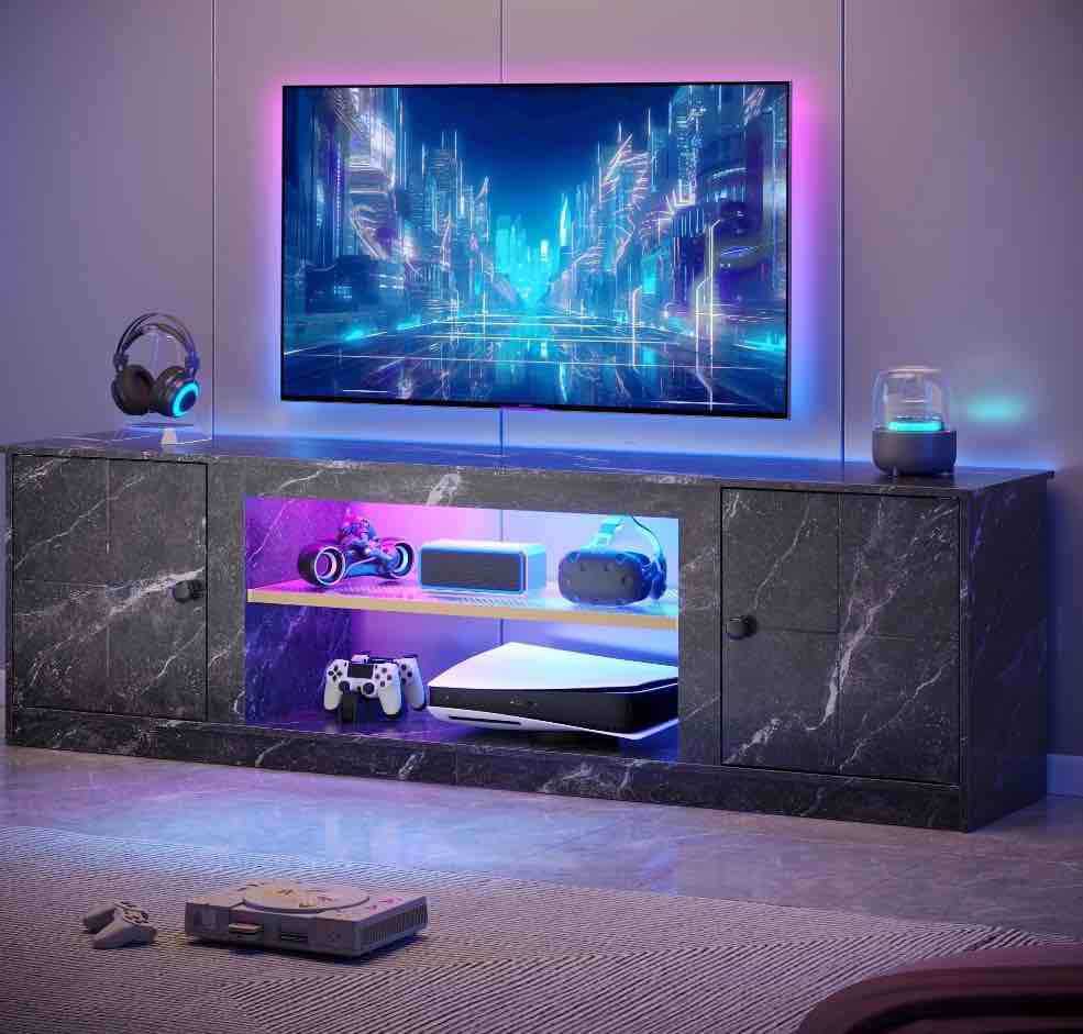 pinmoco 63" led tv stand for tvs up to 70", gaming entertainment center with storage cabinet and adjustable shelves, black marble