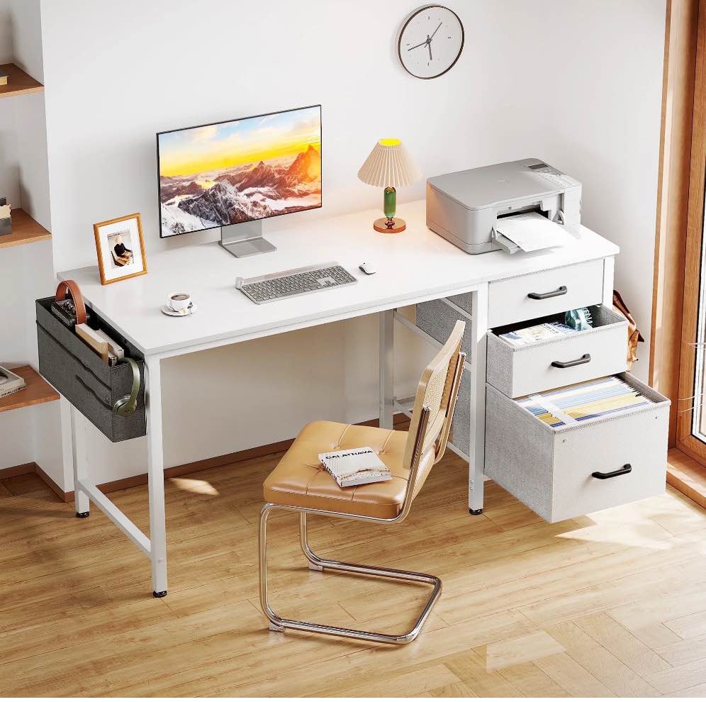 Casacomoda Computer Desk with Fabric Drawers & File Cabinet, Home Office Desk with Cloth Storage Bag and Hook, Vanity Desk for Bedroom, White