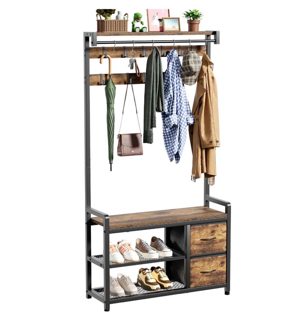 JOZ Entryway Hall Tree with Shoe Bench and Top Shelf, 5-in-1 Coat Rack with Removable 18 Hooks and 2 Drawers, for Hallway or Living Room, Rustic Brown