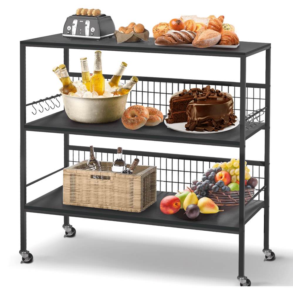 40" Rolling Kitchen Cart Island with Wheels and Storage Shelves, Copedvic 3-Tier Kitchen Bakers Rack Microwave Cart Oven Stand with 10 Hooks, Black