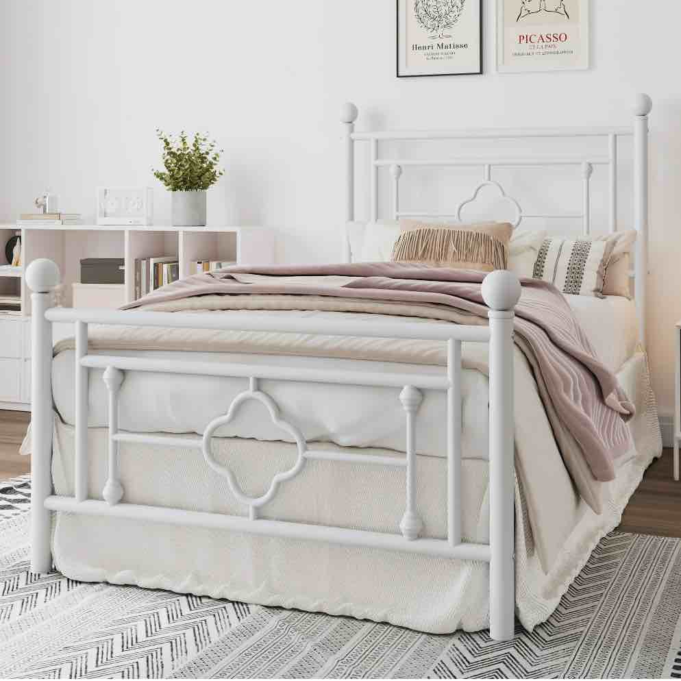 amolife twin size metal platform bed frame with vintage cross pattern headboard&footboard, white
