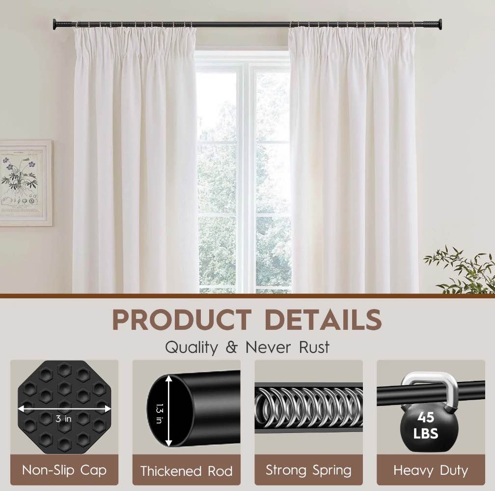 giracoa octagon tension curtain rod 51-148 inches, heavy duty no drill adjustable rod with 12 rings, matte black