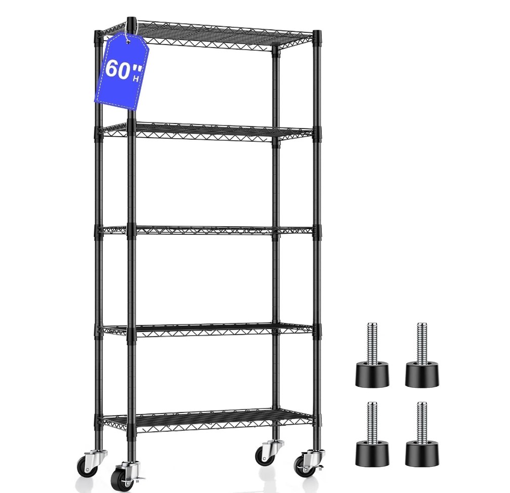 5 tier metal wire shelving with wheels, heavy duty adjustable rolling storage shelves, 14"d x 30"w x 60"h 750 lbs capacity kitchen pantry garage shelves for small spaces