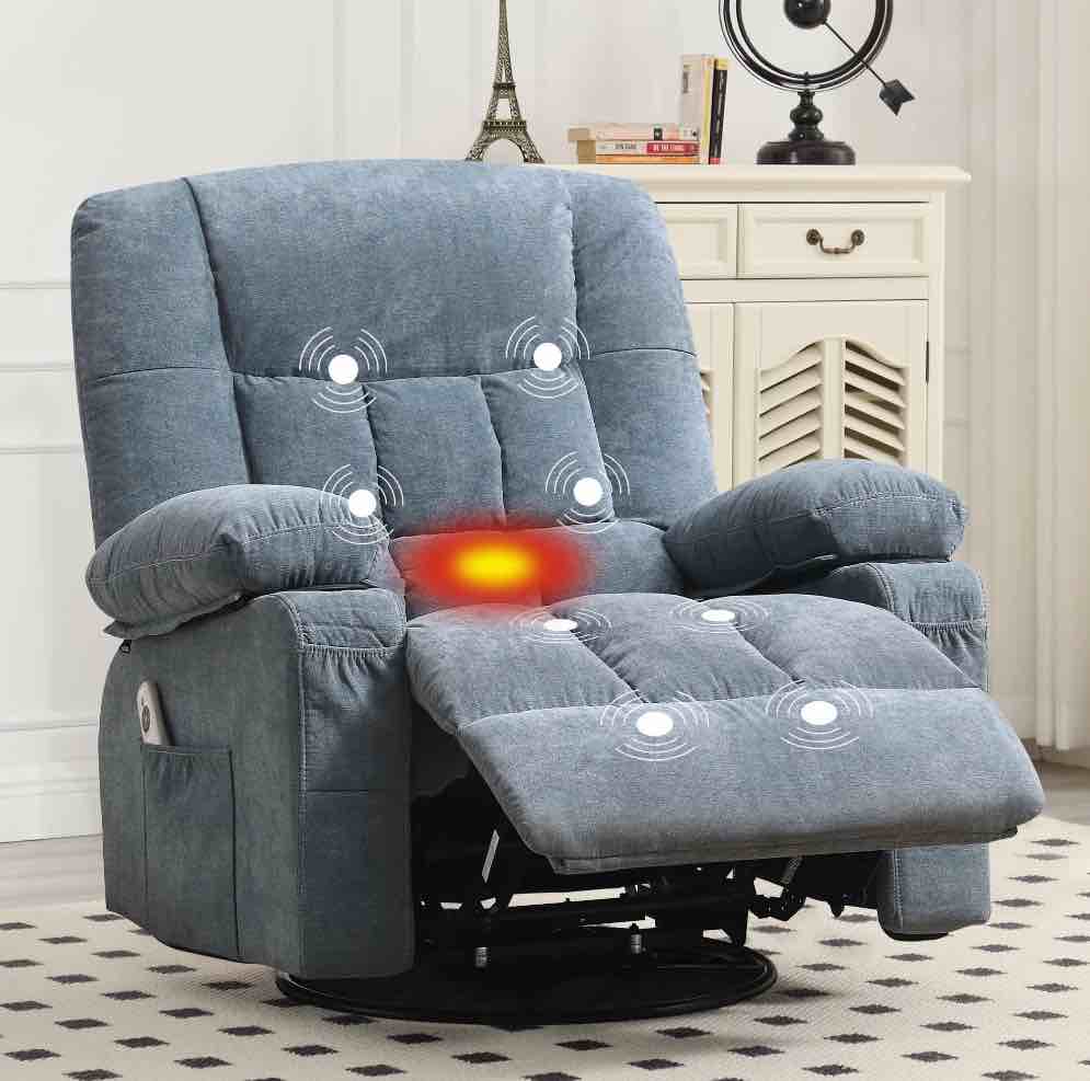 jonpony massage swivel rocker recliner chair with vibration massage and heat ergonomic lounge chair for living room with rocking function and side pocket, 2 cup holders, usb charge port,blue