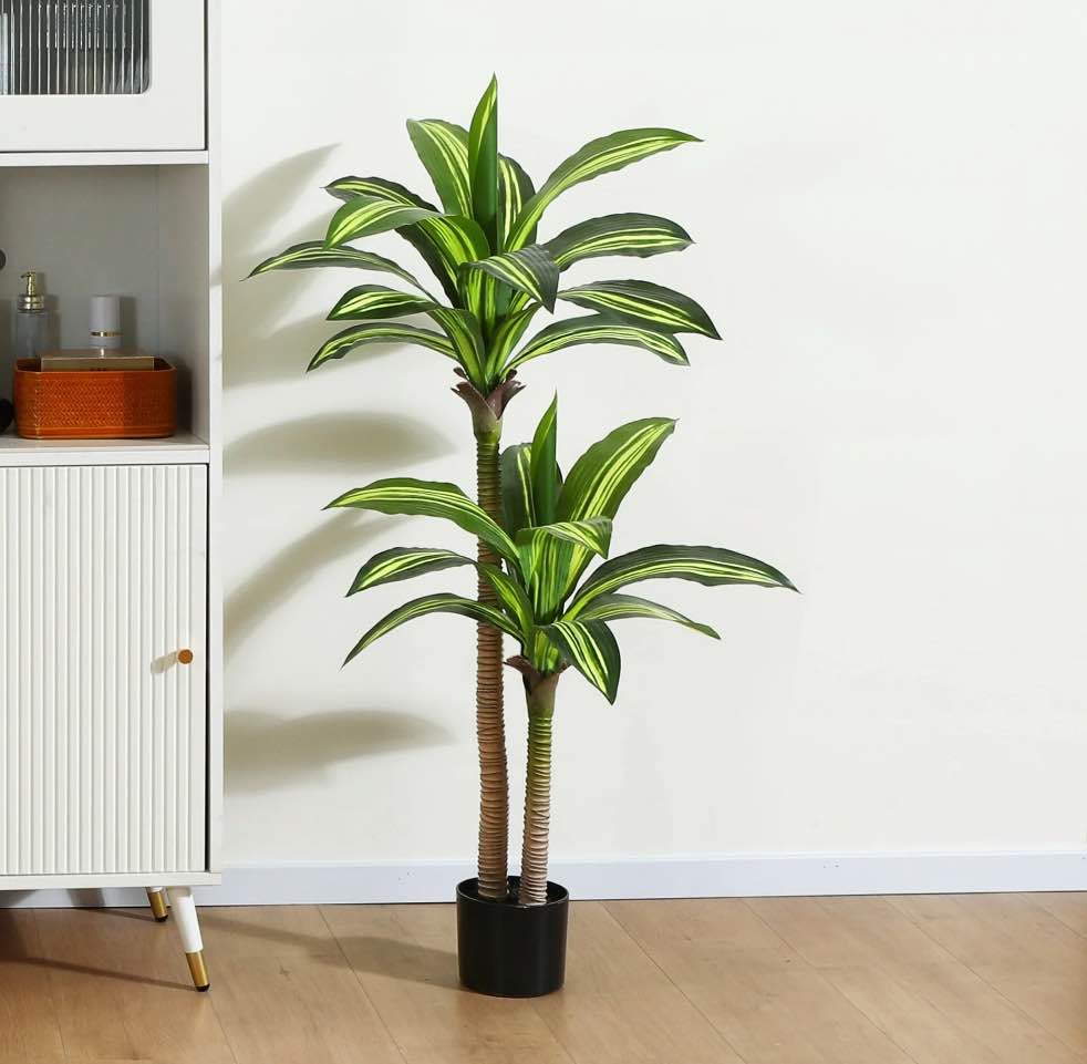 artificial plants, 4ft fake dracaena tree in black plastic pot, faux plants indoor outdoor decor, silk plants for home decor office porch patio perfect housewarming gift