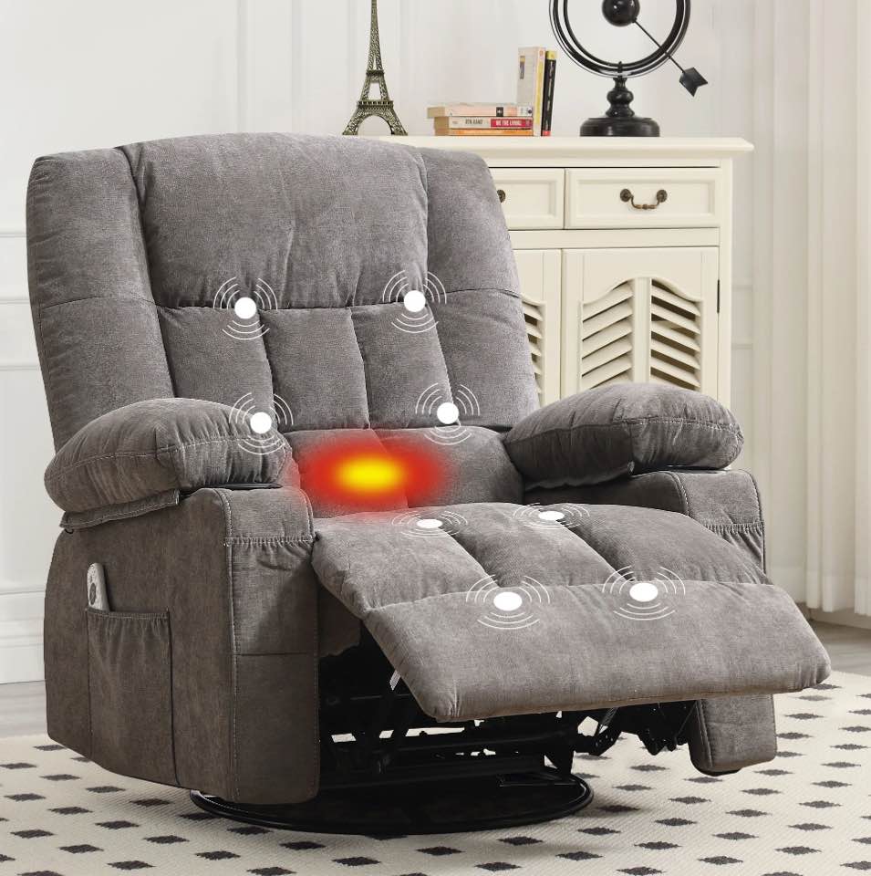 jonpony massage swivel rocker recliner chair with vibration massage and heat ergonomic lounge chair for living room with rocking function and side pocket, 2 cup holders, usb charge port,grey
