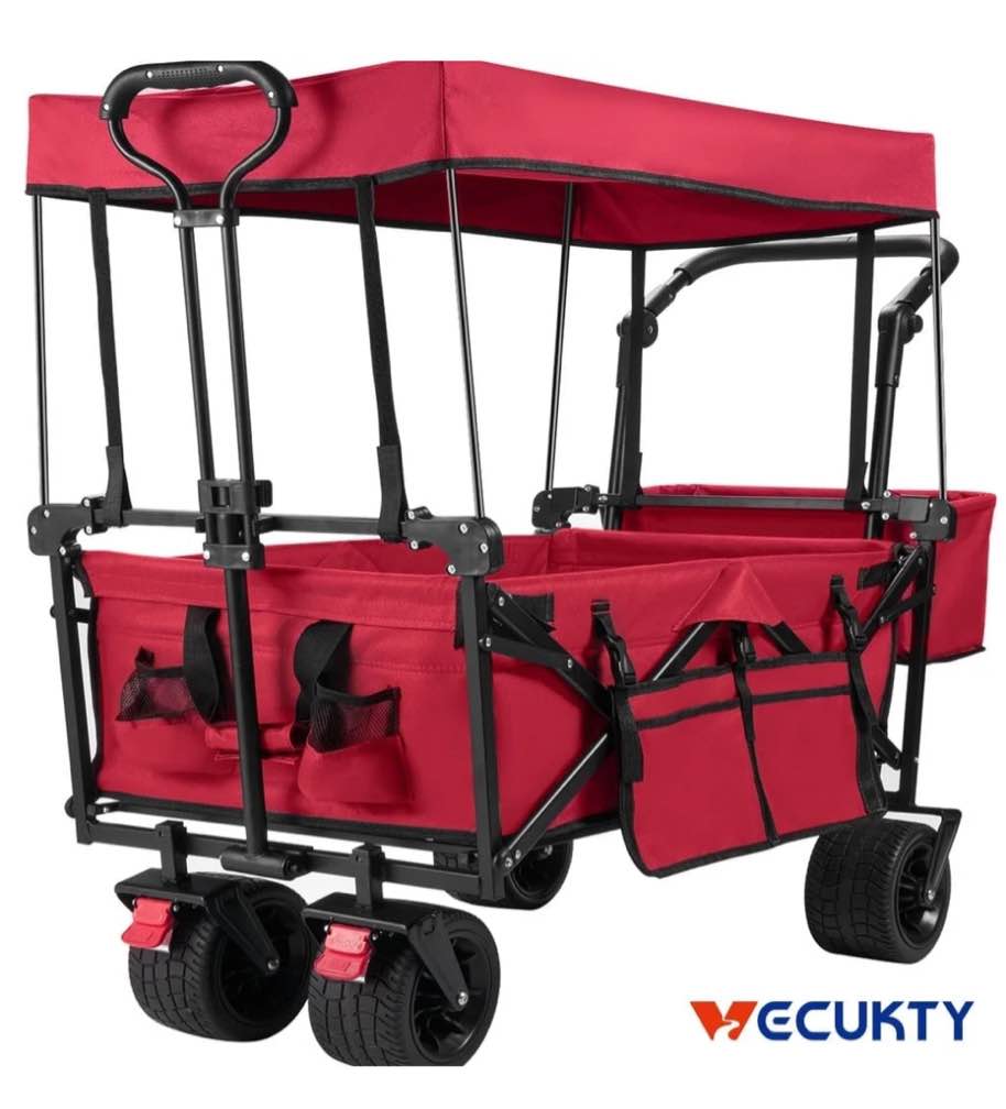 VECUKTY Collapsible Garden Wagon Cart with Removable Canopy Red