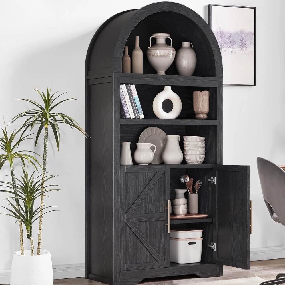 Anyact 71" Arched 5-Tier Farmhouse Bookcase & Kitchen Pantry Cabinet – Wooden Storage for Living Room(Black)