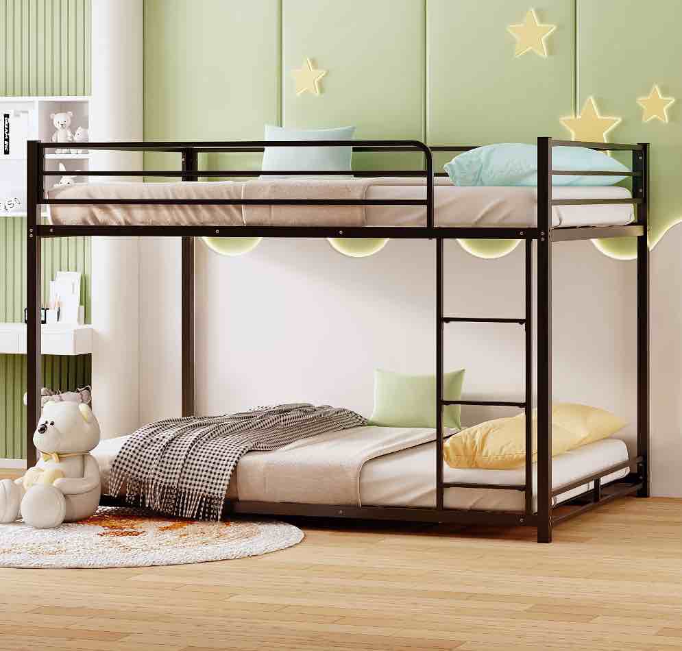 Zimtown Full-over-Full Bunk Bed, Low Profile Junior Bunk Bed Frame, Black