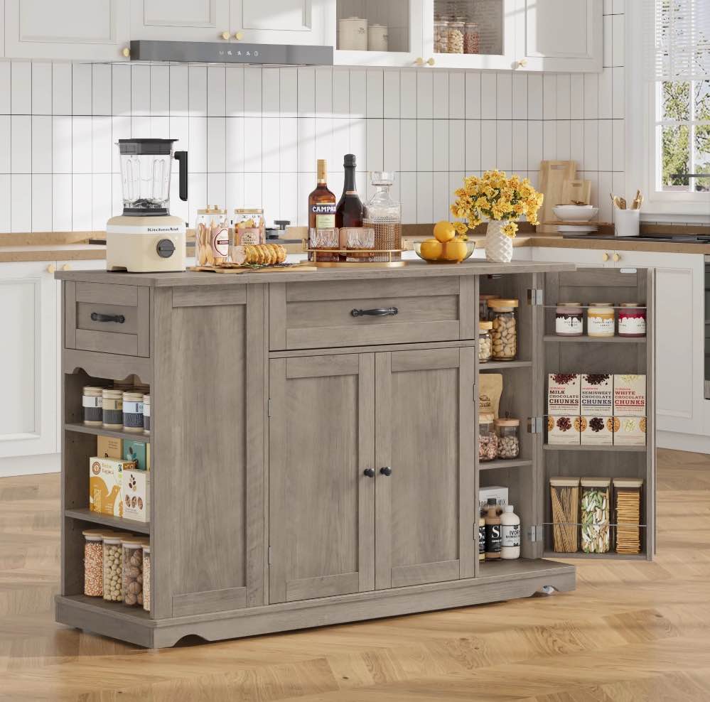 Homfa Kitchen Island with Wheels & Adjustable Shelf, 2 Drawer Farmhouse Buffet Cabinet Sideboard Coffee Bar for Dining Room Living Room, Gray