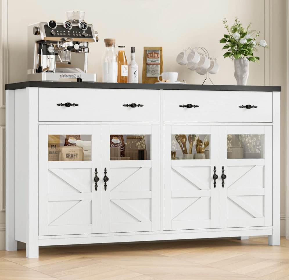 Homfa Farmhouse 55.1"WKitchen Buffet Cabinet with Storage Drawer & Adjustable Shelf, Glass Door Wood Sideboard Credenza Coffee Bar with for Dining Room Living Room, White & Black