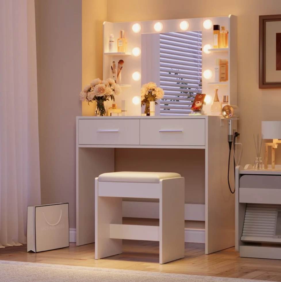 Furmax Makeup Vanity Table and Chair Set with 3 Modes Adjustable Lights and Mirror Vanity Desk with Shelves and Drawer, White