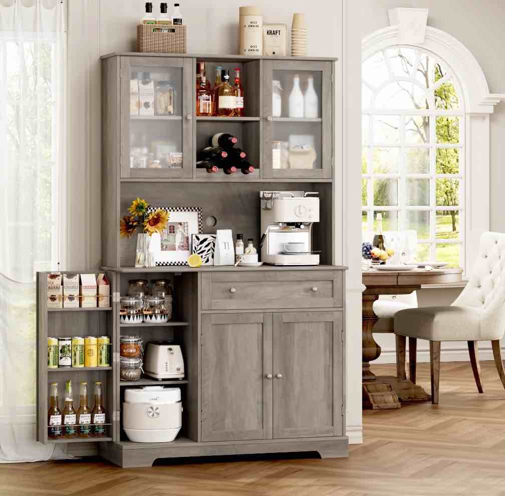 Homfa 5 Doors Kitchen Pantry Hutch with Wine Rack, 67.9'' Wood Storage Cabinet for Dining, Gray