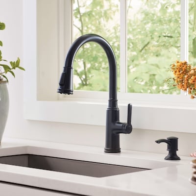 allen + roth evanston black single handle deck-mount pull-down kitchen faucet with sprayer ( deck plate included ) (soap dispenser included)