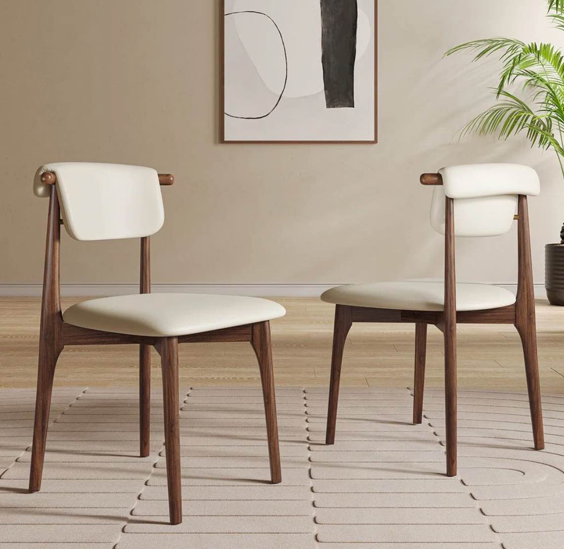 modern faux leather dining chair, beige, solid wood legs, 2 pieces,not assembled need
