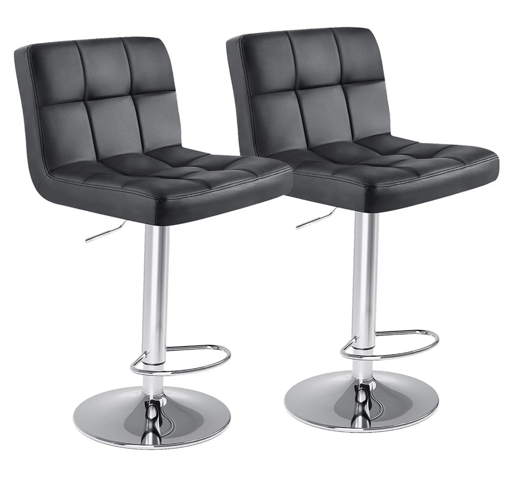 bar stools set of 2, armless adjustable swivel barstools, pu leather hydraulic kitchen counter height bar stools, thickened seat cushion square island barstools with back, black