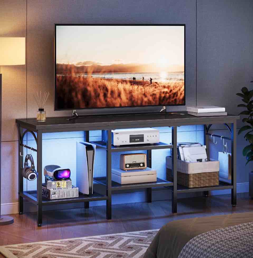pinmoco tv stand for tvs up to 55 inch, led light entertainment center with open storage shelves, tv media console table for living room, bedroom, black