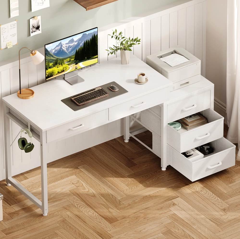 sofanext computer desk with 5 drawers, reversible sturdy office desk with printer stands, study writing table, home office desks with storage for small spaces, white