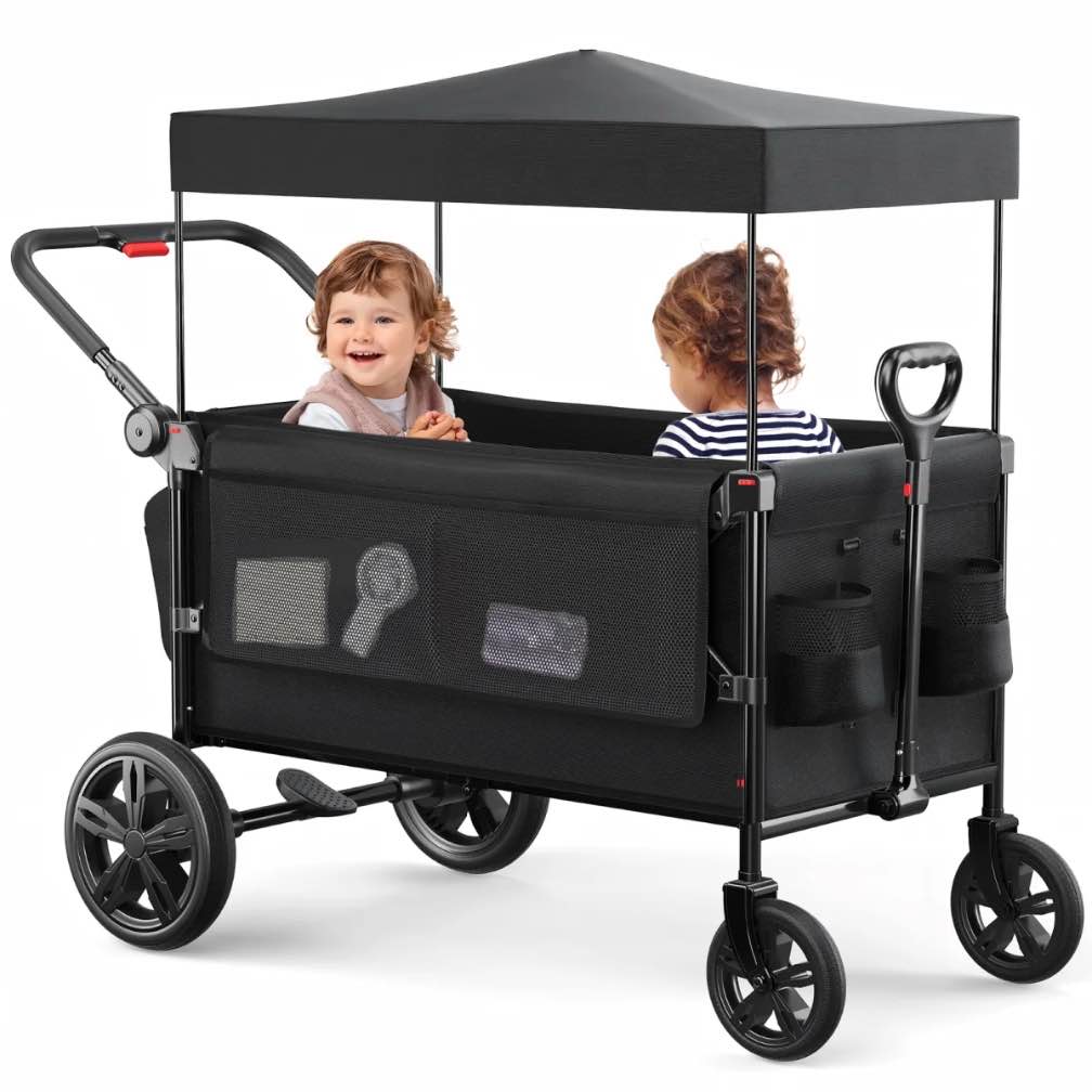 SACVON All-Terrain Stroller Wagon for Toddlers with Canopy, Parent Organizer, Adjustable Handlebar, 2 Cup Holders